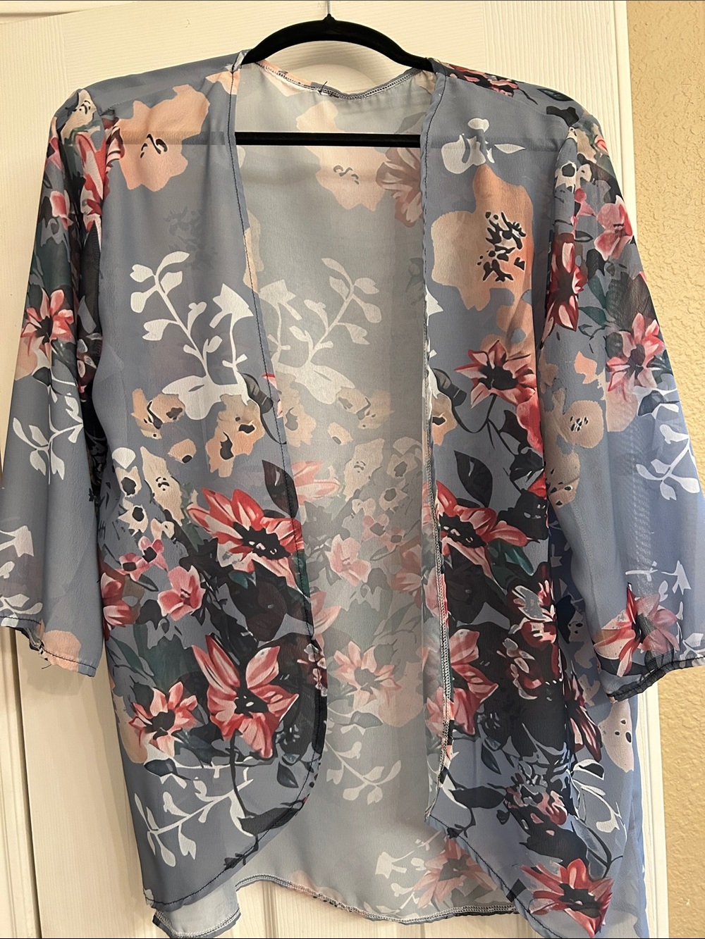Light Blue Floral Sheer Kimono Cardigan